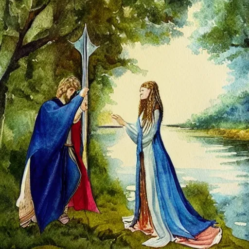 Prompt: “watercolor painting of the lady of the lake giving the sword to King Arthur, 8k”