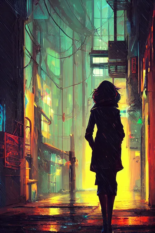 Image similar to a woman in a raincoat standing in a dark alley, cyberpunk art by vincent lefevre, featured on cgsociety, afrofuturism, darksynth, 2 d game art, behance hd