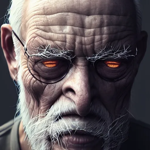 Prompt: an old man with thick cobwebs covering his face, detailed, realistic, unreal engine, cgsociety, by wlop and artgerm