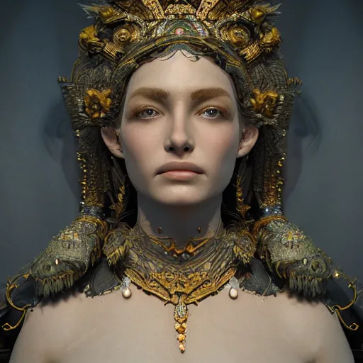 Image similar to a portrait of beautiful goddess, ornated, haunting, headpiece, highly detailed, intricate deaign, organic, hyperrealism, photorealistic, render in octane, unreal engine, 4 k