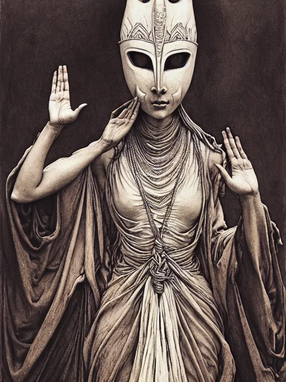 Image similar to soaring woman wearing a giant mask with many thick long blades behind head. dressed in a long robe with wide sleeves and making namaste / anjali mudra gesture. highly detailed, symmetric, concept art, masterpiece, fantasy art, hyperdetailed, hyperrealism, art by zdzisław beksinski, arthur rackham, dariusz zawadzki