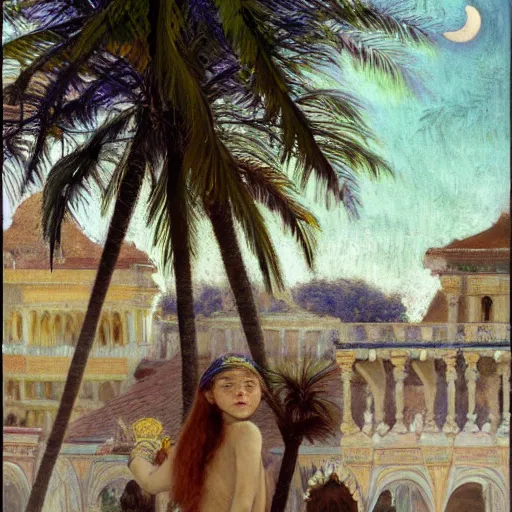 Image similar to a ultradetailed beautiful painting of the moon girl on the amazonas palace by jules bastien - lepage, hans belmer, frank weston and gustave baumann, trending on artstation, mediterranean, palm trees, light sparkles, sharp focus, soft light, 8 k 4 k