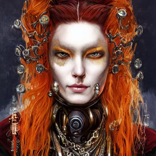 Image similar to portrait, headshot, insanely nice professional hair style, dramatic hair color, digital painting, of a old 17th century, old cyborg merchant, amber jewels, baroque, ornate clothing, scifi, realistic, hyperdetailed, chiaroscuro, concept art, art by Franz Hals and Jon Foster and Ayami Kojima and Amano and Karol Bak,