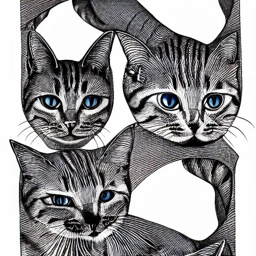 Prompt: drawing realistic stylized cats in the style of escher. symmetric. detailed. hd