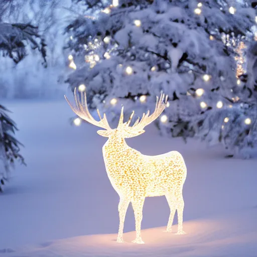 Prompt: Elegant Moose sculpture made of pure white Christmas lights, 4k, sigma 35mm