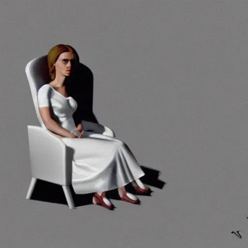 Image similar to a woman in a white dress sitting in a chair, concept art by john carpenter, volumetric lighting, hypermodernism, criterion collection