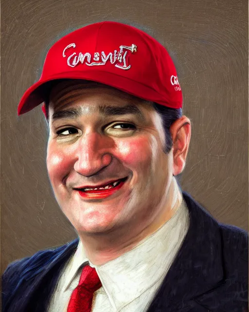 Image similar to closeup portrait of whimsical conniving ted cruz wearing a red maga cap, court jester in renaissance era,, masterpiece, by donato giancola and greg rutkowski and wayne barlow and zdzisław beksinski, high contrast, realistic face