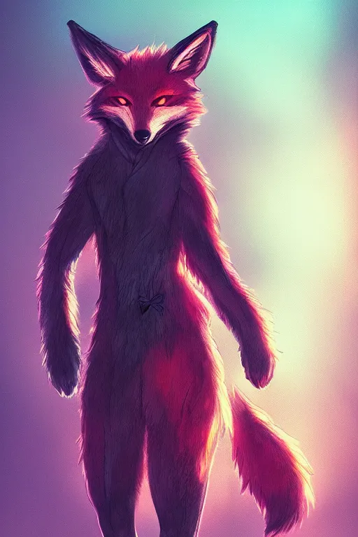 Image similar to a fox fursona, trending on pixiv, by kawacy, furry art, digital art, cyberpunk, high quality, backlighting