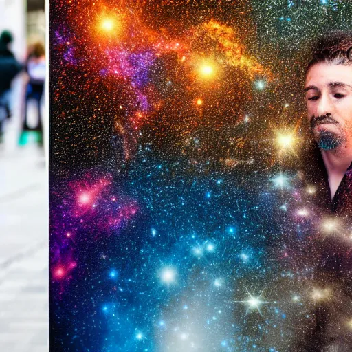 Image similar to an 8 k hi res photo of a man in a mirror full face mask paints a galaxy on a busy ny street