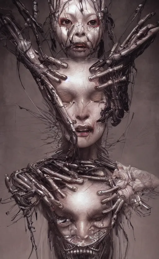 Image similar to beautiful Japanese girl is an unsettling scary terrifying bio mechanical cyborg post human, physically accurate, dramatic dynamic lighting, intricate, elegant, highly detailed, digital painting, artstation, very hyperrealistic, very very very HR GIGER, very Bensinski, Hieronymus Bosch, Francis Bacon, smooth, sharp focus, art by artgerm and greg rutkowski and alphonse mucha