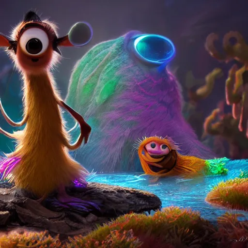 Image similar to yak, expressive eyes, floating, rbc, radiolaria, protophyta, micro - organisms, center frame, symmetric, rim light, marine microbiology, bioluminescence, electric, fur, soft, concept art, intricate details, highly detailed, colorful, photorealistic, disney pixar, octane render, iridescent, anime