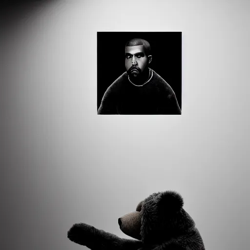 Image similar to a ( ( ( ( ( ( ( ( ( chiaroscuro lighting portrait ) ) ) ) ) ) ) ) ) ) of kanye west dressed as teddy bear mascot, black background, portrait by julia margaret cameron, shallow depth of field, 8 0 mm, f 1. 8