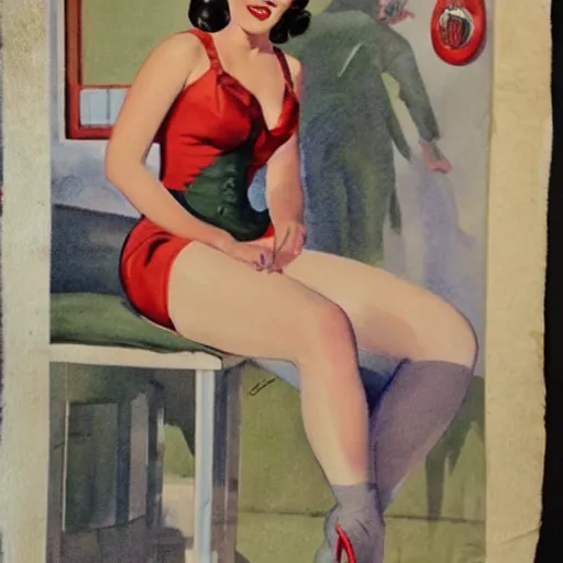 Image similar to full body pin up post war dressing a military unioform,with a park in the back ground, water color, Gil Elvgren style