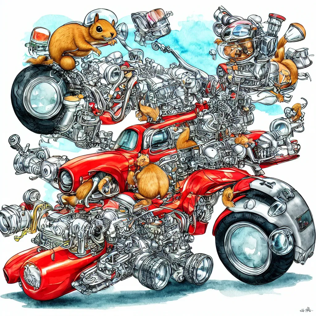 Prompt: cute and funny, squirrel wearing a helmet riding in a hot rod with oversized engine, ratfink style by ed roth, centered award winning watercolor pen illustration, isometric illustration by chihiro iwasaki, edited by range murata, tiny details by artgerm and watercolor girl, symmetrically isometrically centered, sharply focused