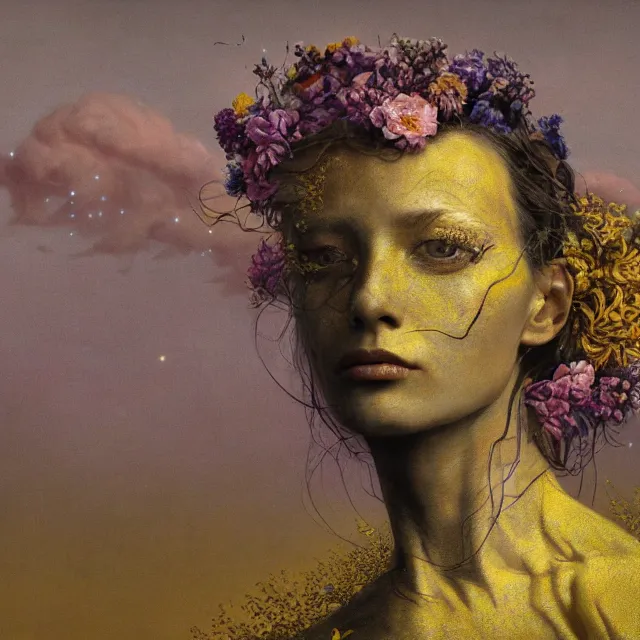 Image similar to A portrait of a woman wearing clothes made out of thunder clouds and flowers, apocalypse, silhouettes floating in the air in the background, yellow skin, Masterpiece, glowing, wires everywhere, by Edgar Maxence and Ross Tran, Zdzisław Beksiński, and Michael Whelan, distant, gustav dore, H.R. Giger, 8k, octane render