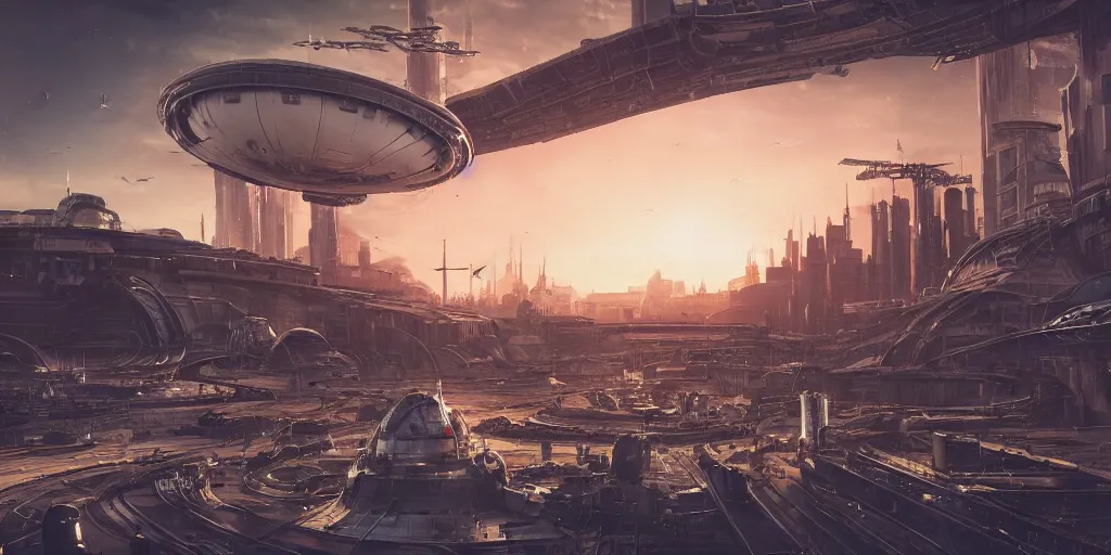 Image similar to alien spacecraft hovering over busy space port surrounded by alien robots, steel archways, industrial buildings, rusty metal towers, sun setting, ross tran, fantasy, james jean, cinematic lighting, digital painting, octane render