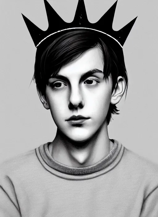 Image similar to portrait of teenage jughead jones wearing a light grey crown, photorealistic, crown, eyes closed, crown, black hair, sweater with letter s on it, letter s, intricate, elegant, glowing lights, highly detailed, digital painting, artstation, concept art, smooth, sharp focus, illustration, art by wlop, mars ravelo and greg rutkowski