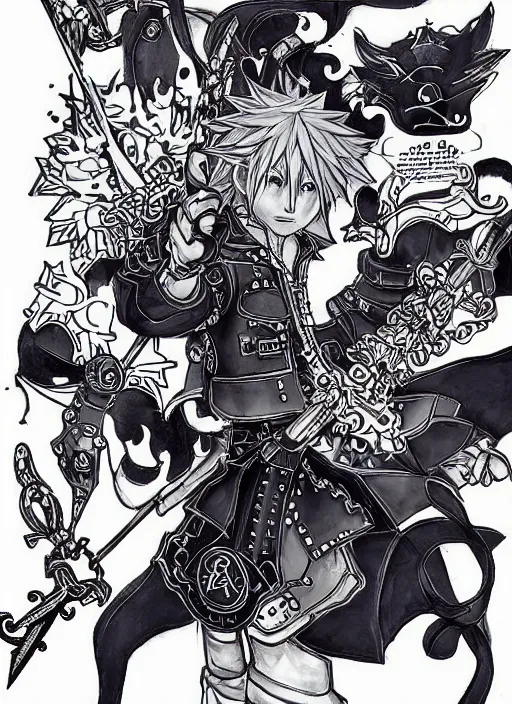 Prompt: joe biden as a kingdom hearts keyblade villain, official square enix hand painted inked artwork, intricate design, high definition, delicate patterned, fantasy, fashionable rpg clothing