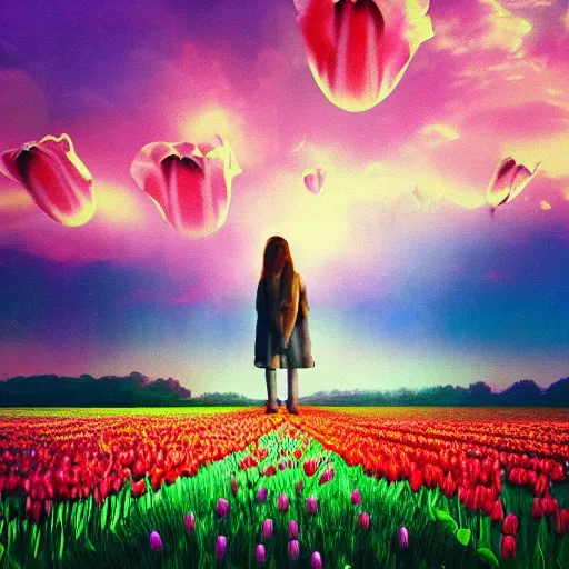 Image similar to large tulip in front of face, girl standing in a flower field, surreal photography, sunrise dramatic light, impressionist painting, colorful clouds, digital painting, artstation, simon stalenhag, flower face