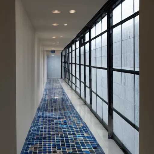 Prompt: a long dark hallway with glass tiles along the walls,