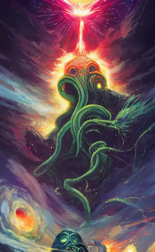 Image similar to a beautiful artwork illustration, cthulhu in a galactic explosion, high contrast, high saturation, by Greg Rutkowski and Jesper Ejsing and Raymond Swanland, featured on artstation, wide angle, vertical orientation