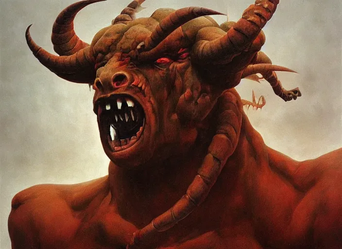 Prompt: a portrait of a gigantic minotaur as a demon in a fiery hell, eerie, dark, magical, fantasy, trending on artstation, digital art, oil on canvas, zdzisław beksinski - h 1 0 2 4