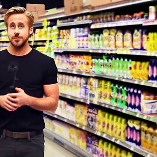 Prompt: ryan gosling in grocery store, go pro camera, hyperrealistic, 8k footage,