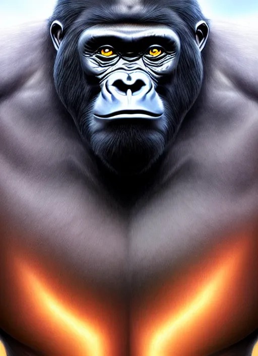 Prompt: stunning gorillas war god portrait, art by artgerm, wlop, loish, ilya kuvshinov, 8 k realistic, hyperdetailed, beautiful lighting, detailed background, depth of field, symmetrical face