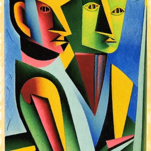 Prompt: two aliens, jean metzinger, picasso, bascove superb resolution