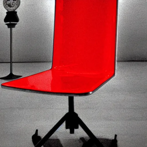 Image similar to by barbara kruger motion blur stormy. a mixed mediart of a metal chair with a seatbelt attached to it. the chair is placed in the center of a room & the seatbelt is used to strap a person into the chair. the person is then unable to move & at the mercy of the chair.