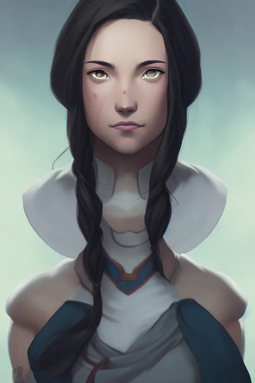 Image similar to centered detailed portrait of a korra, unrealistic character concept, beautiful comic korra, identical eyes, gazing eyes, beautiful eyes medium shot, elegant pose, fantasy, illustration, slender symmetrical face and body, artstation, cinematic lighting, hyperdetailed, cgsociety, 8k, high resolution, Charlie Bowater, Tom Bagshaw, single face, insanely detailed and intricate, octane render, golden ratio, dark fractal background, vfx, postprocessing, freckles, alluring.1.00, featured on behance, Trending on artstation, well-rendered. last airbender, water tribe