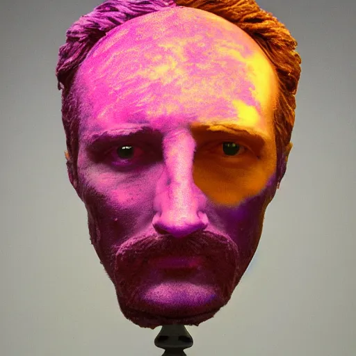 Image similar to dayglo purple extemporaneous, chaotic by jean - francois millet. a kinetic sculpture of a human head seen from multiple perspectives at once, as if it is being turned inside out. every angle & curve of the head is explored & emphasized, creating an optical illusion.