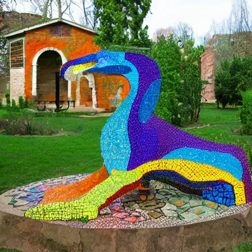 Prompt: garden containing very colorful textured variegated mosaic sculpture of a chimera, in the style of folk art