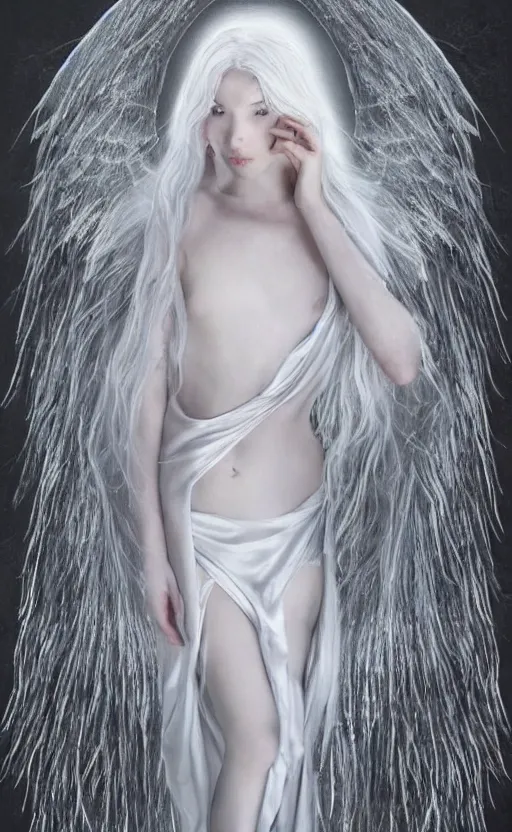 Image similar to angelic beauty with silver hair so pale and wan! and thin!?, flowing robes, covered in robes, lone pale wan fair angel, wearing robes of silver, flowing, pale skin, young cute face, covered!!, clothed!! style of lucien levy - dhurmer and jean deville, oil on canvas, 4 k resolution, aesthetic!, mystery