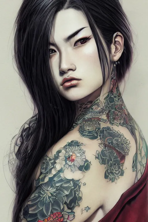 Image similar to portrait of yakuza girl with tattoo, highly detailed, marvel comics, dark, digital painting, artstation, concept art, smooth, sharp focus, illustration, art by Gustav Klimt