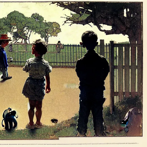 Prompt: rear view of a young boy, a woman and a man, watching an elephant on the other side of a fence, sketch by norman rockwell