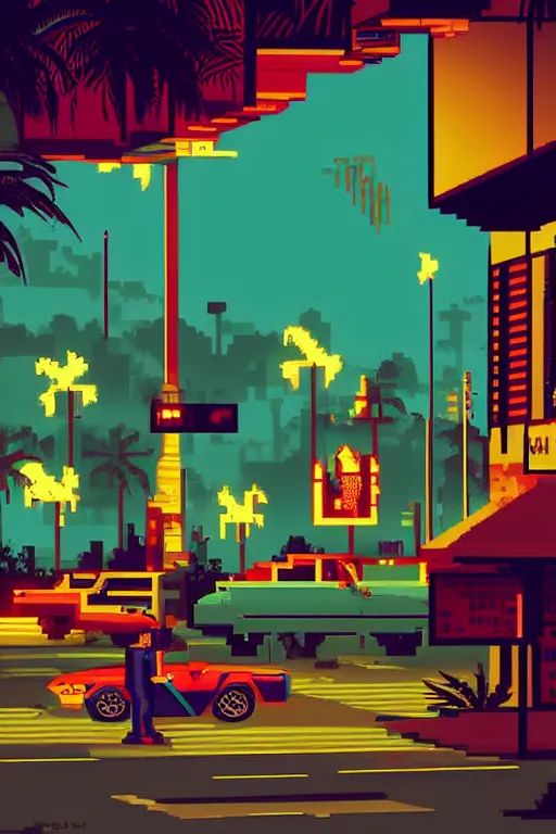 Image similar to life in the caspian hood. pixel art, gta vice city art style. borderland art style. pop art, no duplicate image, glowing lights, ultra details, digital painting, artstation, concept art, smooth, sharp focus, illustration, intecrate details, art by richard hamilton and mimmo rottela, pixels art by kirokaze and paul robertson