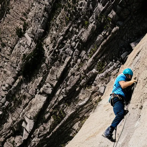 Prompt: joe biden climbing a mountain, adventure photography