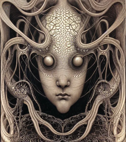 Image similar to detailed realistic beautiful squid goddess face portrait by jean delville, gustave dore, iris van herpen and marco mazzoni, art forms of nature by ernst haeckel, art nouveau, symbolist, visionary, gothic, neo - gothic, pre - raphaelite, fractal lace, intricate alien botanicals, ai biodiversity, surreality, hyperdetailed ultrasharp octane render