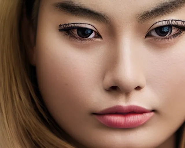 Image similar to asian margot robbie, hyper realistic face, cinematic, close - up, hyper detailed, 8 5 mm photograph, 8 k resolution, film still, sharp lens, wide lens