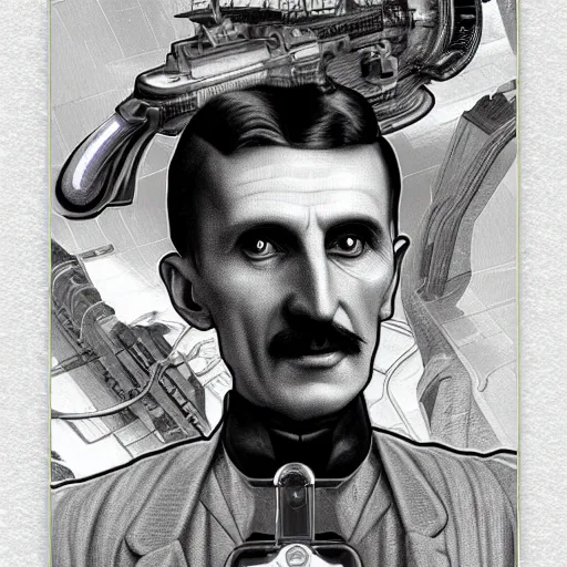 Image similar to [UHD Nikola Tesla as a GTA character on the streets of futuristic laserpunk Dallas, holding a wicked ray gun, correct face, intricate facial details, symmetrical face, elegant, graphic detail, digital painting, trending on artstation, concept art, tonalism, sharp focus, illustration, art by Akira Toriyama and Greg Rutkowski and Alphonse Mucha]