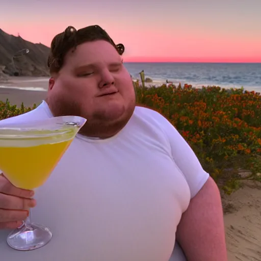 Prompt: obese comedian tim dillon in malibu drinking a martini in real life, 8 k, 4 k uhd, realistic, hyper realistic, super detailed, very detailed, detailed