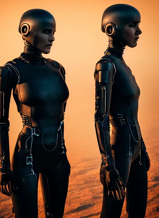 Prompt: cinestill 5 0 d photographic portrait of two scandalous loving female androids wearing rugged black techwear body suits on a desolate plain with a red sky, extreme closeup, cyberpunk style, garters, dust storm, 8 k, hd, high resolution, 3 5 mm, f / 3 2, ultra realistic faces, ex machina