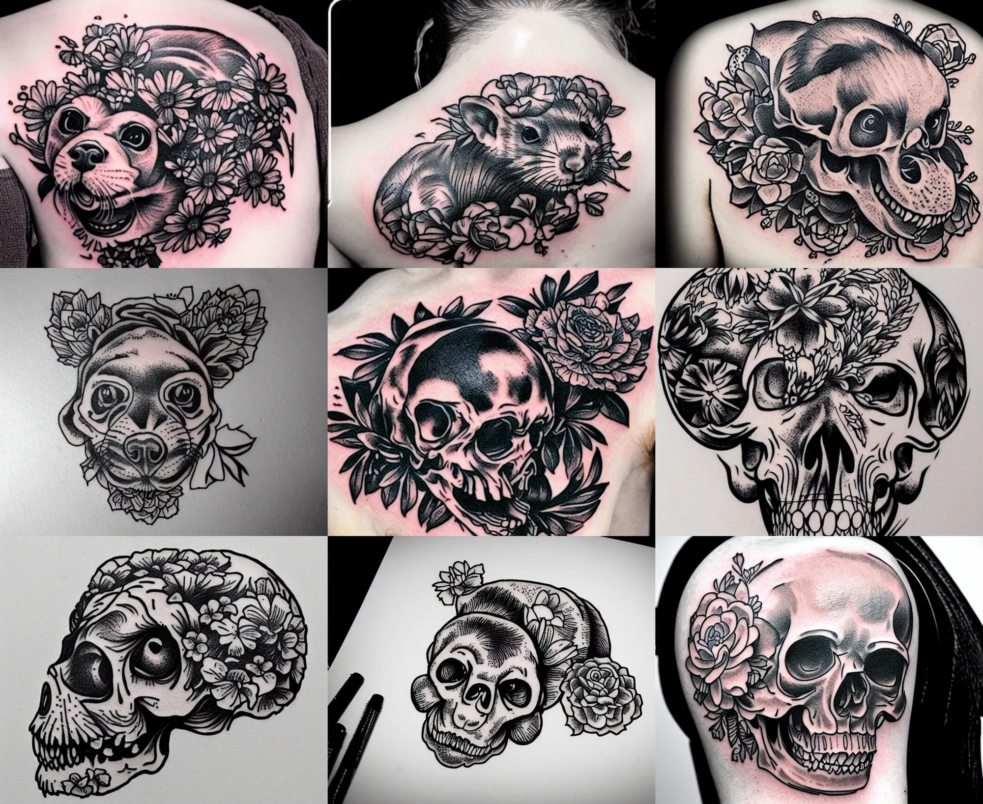 Prompt: detailed amazing tattoo stencil of a floral ferret crawling on a human skull