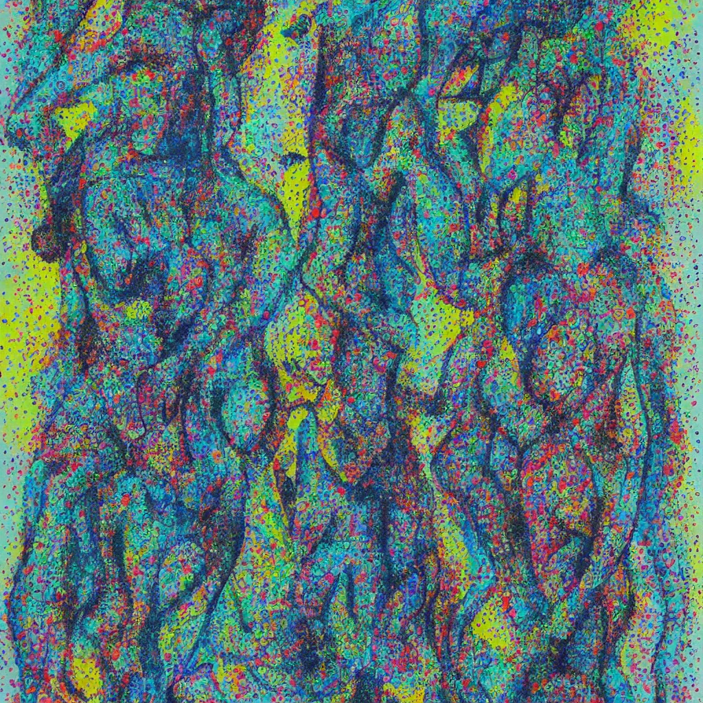 Prompt: two human figures anxiety, smiling, abstract, maya bloch artwork, ivan plusch artwork, cryptic, lines, stipple, dots, abstract, geometry, splotch, concrete, color tearing, uranium, acrylic, hints of color, pitch bending, faceless people, dark, ominous, eerie, minimal, points, technical, painting