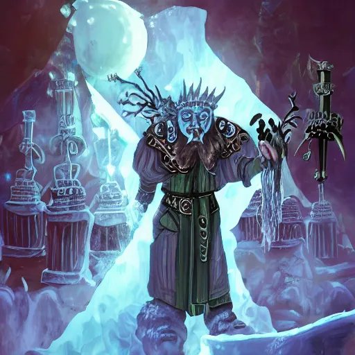 Image similar to Artwork by Nils Hamm of The Chitine King Hian the Demigod, master of Ice, and their hateful haunting of steam mephits and horrifying balors, who plan to take revenge on the party for a perceived wrong done to them long ago.