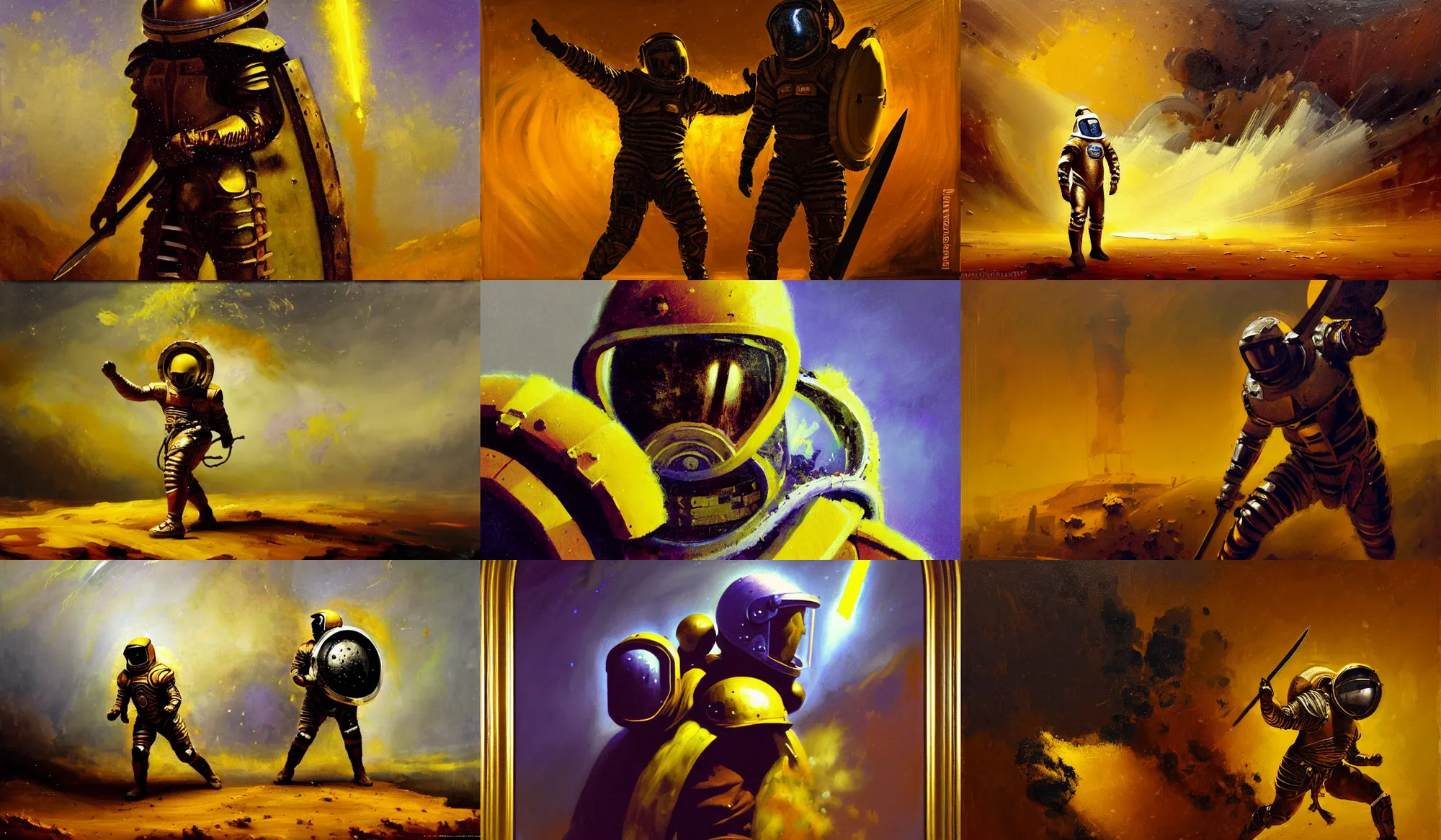 Prompt: gladiator wearing space suit, tower - shield and knife, luminist style, tonalism, dramatic lighting, action scene, palette knife, frenetic brushwork, chiaroscuro, figurative art, detailed, proportions, spatter, dust, atmospheric, volumetric lighting, dioaxizine purple, burnt sienna, and yellow ochre