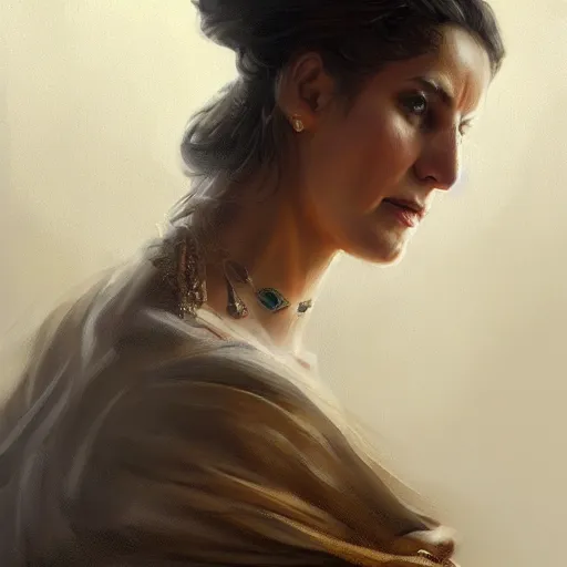 Prompt: Portrait of a Greek Woman in Hellenic dress, oil painting by Cedric Peyravernay, highly detailed, cinematic concept art, dramatic lighting, trending on Artstation