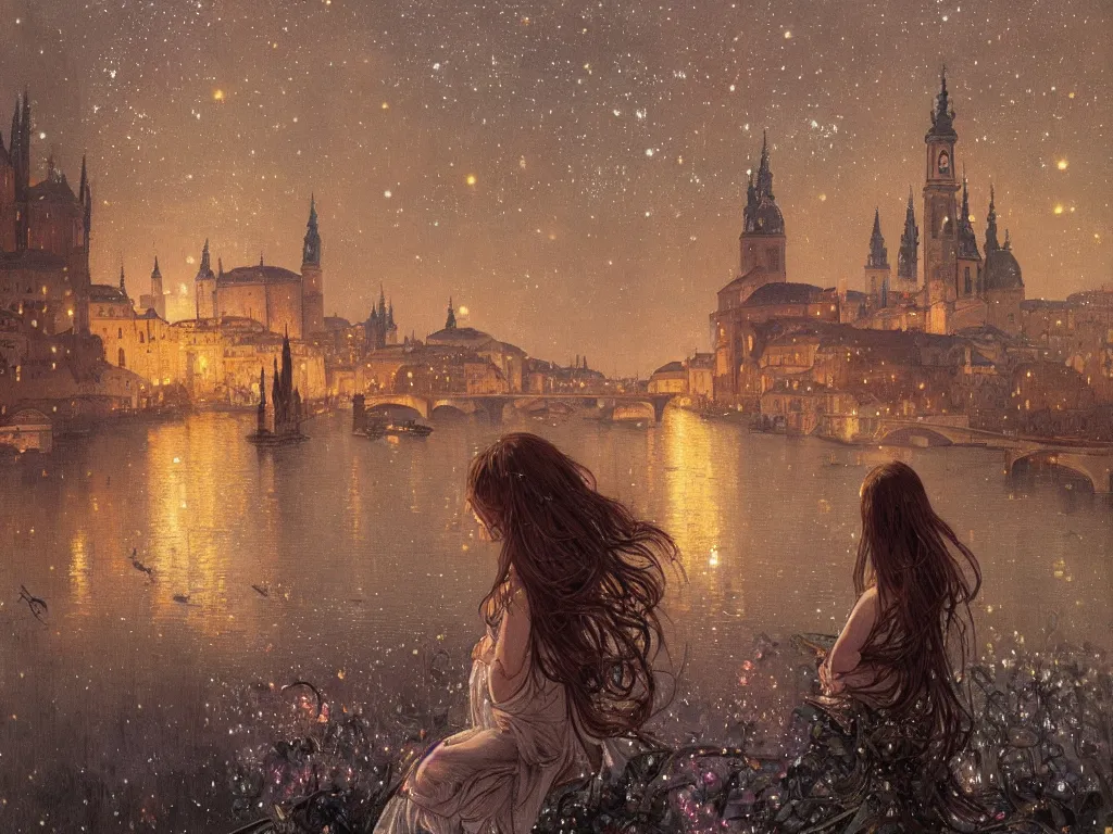 Image similar to a girl watching from the river of a city resembling prague, paris, and venice at night with the sky full of stars, intricate, elegant, highly detailed, digital painting, artstation, concept art, smooth, sharp focus, colored illustration for tattoo, art by krenz cushart and artem demura and alphonse mucha,