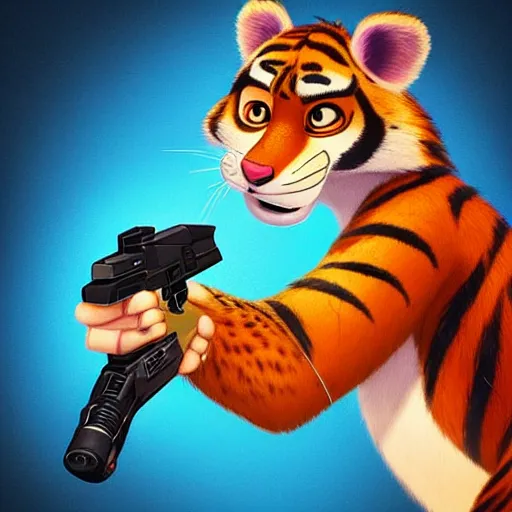 Prompt: “portrait of tiger in the style of the movie zootopia holding a laser gun, 4k, digital art, award winning”